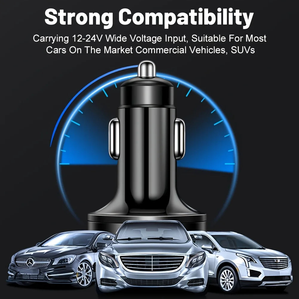 6-in-1 Fast Car Charger – Dual USB-C & USB-A, Digital Display