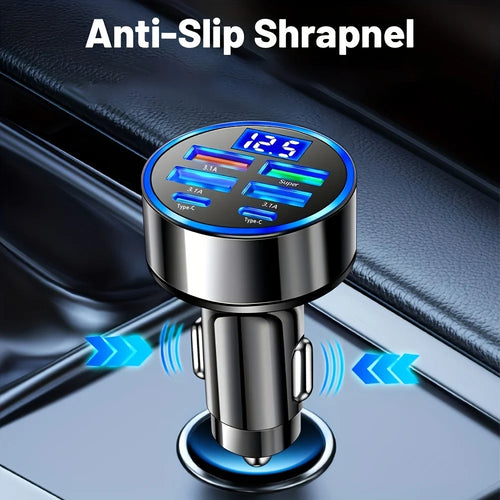 6-in-1 Fast Car Charger – Dual USB-C & USB-A, Digital Display