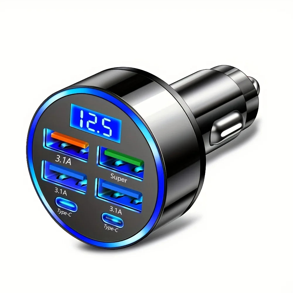6-in-1 Fast Car Charger – Dual USB-C & USB-A, Digital Display