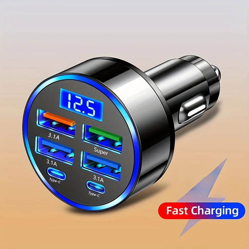 6-in-1 Fast Car Charger – Dual USB-C & USB-A, Digital Display