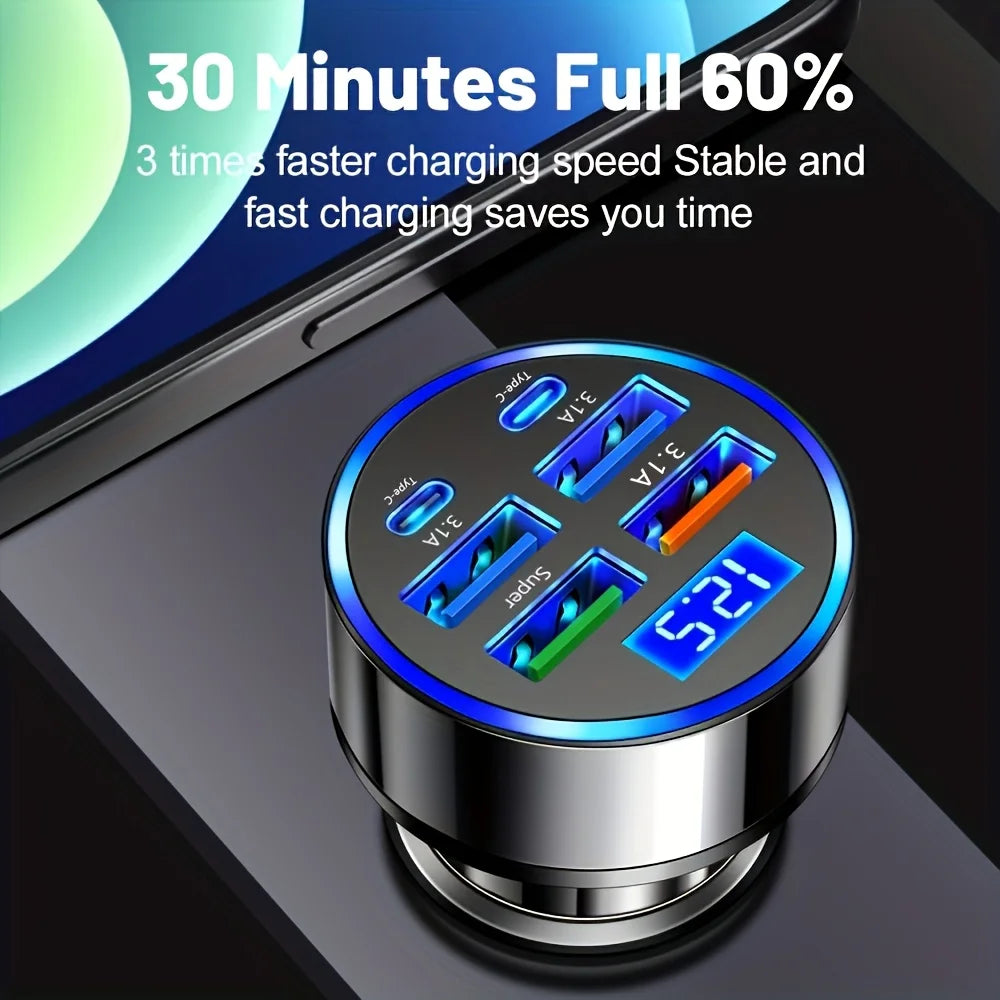 6-in-1 Fast Car Charger – Dual USB-C & USB-A, Digital Display