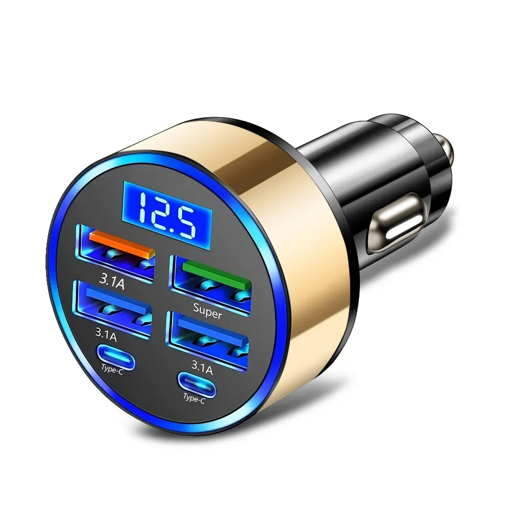 6-in-1 Fast Car Charger – Dual USB-C & USB-A, Digital Display