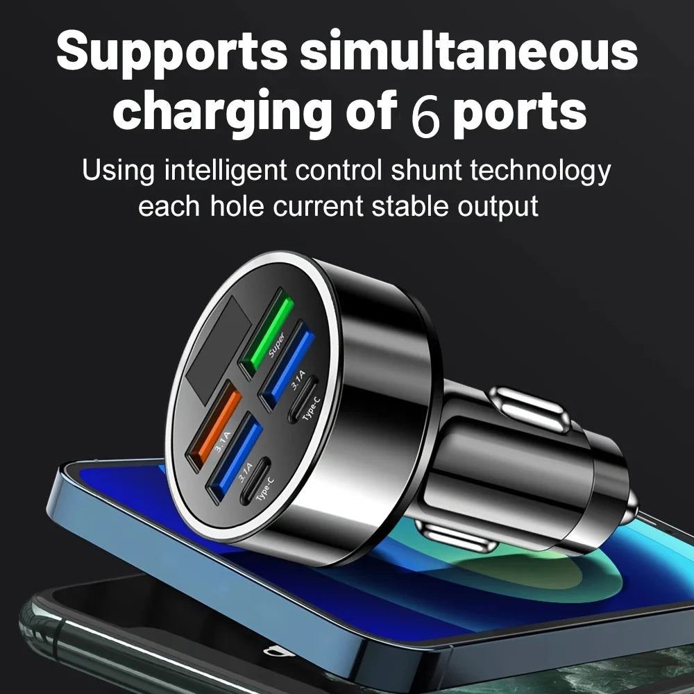 6-in-1 Fast Car Charger – Dual USB-C & USB-A, Digital Display