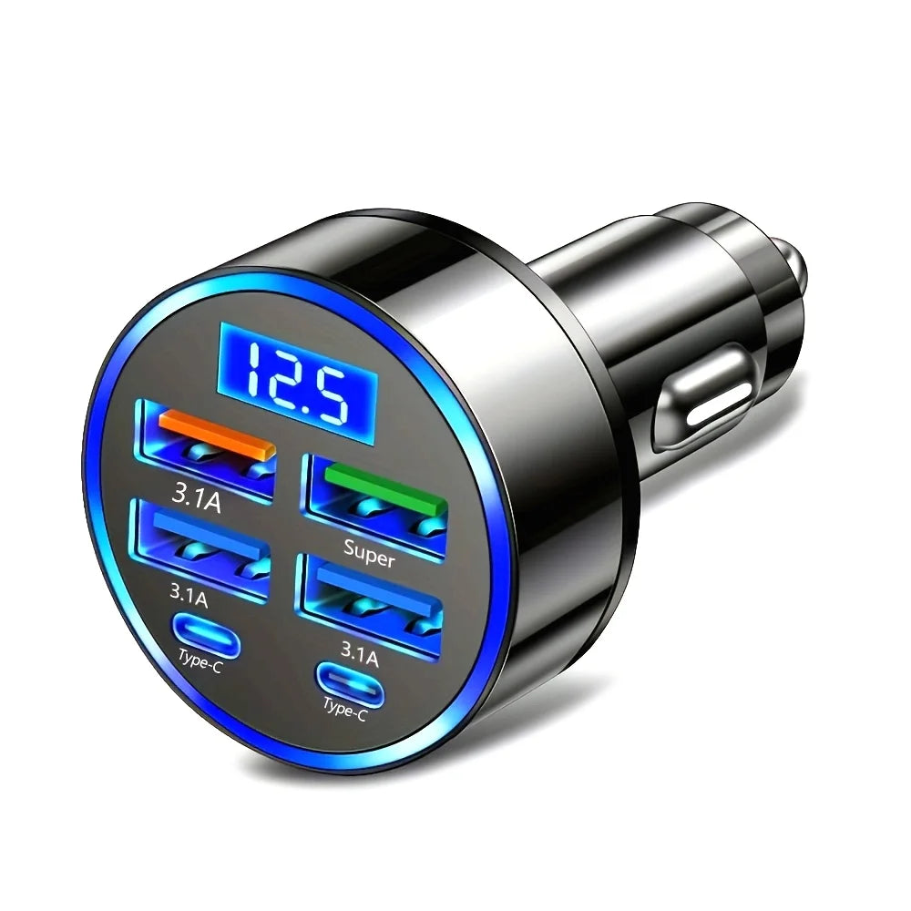 6-in-1 Fast Car Charger – Dual USB-C & USB-A, Digital Display